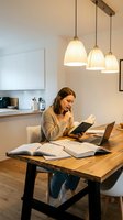 Young woman reading book while working from home at wooden desk with laptop and pendant lights in modern kitchen interior.