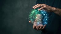 Businessman hands protecting glowing digital globe with network connections and data visualization for technology and global business concepts.