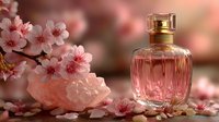 Elegant pink perfume bottle with golden cap surrounded by delicate cherry blossom flowers on soft pink background for luxury cosmetics and fragrance.