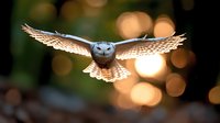 Barn owl in flight with spread wings against blurred bokeh background at sunset, dramatic wildlife nature photography showing graceful hunting predator bird.
