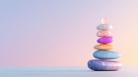 Balanced zen stones pyramid on soft pastel background with gentle light effect creates peaceful spa and wellness atmosphere for meditation practice.