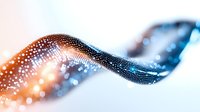 Glowing digital wave with particles flowing in blue and orange gradient colors on light background, modern technology concept for presentations and websites.