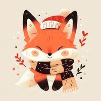 Cozy winter fox character wearing knit hat and scarf with decorative floral elements on beige background, cartoon style illustration for children products.