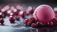 Pink ice cream scoop garnished with fresh cranberries and dried berries on dark background with bokeh lights, macro food photography for dessert menu.
