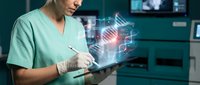 Healthcare professional using digital tablet with holographic DNA molecular structure display in modern medical laboratory environment.