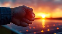Silhouetted hand reaching toward vibrant sunset over water, creating optical illusion of holding glowing sun against orange and purple sky with bokeh lights below.