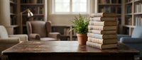 Stacked vintage books and potted plant on wooden table in library with bookshelves and armchair, suitable for education and interior design projects.