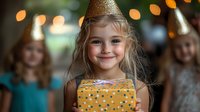 Young girl with blonde hair wearing party hat holds yellow polka dot gift box, smiling brightly at birthday celebration with festive bokeh lights in background.