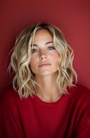 Young Caucasian woman with wavy blonde bob hairstyle wearing red sweater against burgundy background, natural makeup look and confident expression.