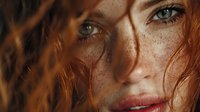 Close-up portrait of young Caucasian woman with freckles and green eyes, natural beauty concept for skincare and cosmetics advertising campaigns.