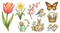 Watercolor spring garden elements including tulip, daffodil, cherry blossoms, butterfly, robin, rabbit, watering can, basket, and gardening gloves isolated on white background for design projects.