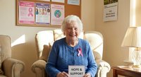 Smiling elderly Caucasian woman breast cancer survivor wearing pink ribbon sits in comfortable chair holding hope and healing book in warm living room.