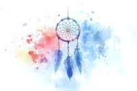 Dreamcatcher with blue feathers on watercolor background featuring soft pink and blue splashes, artistic native American spiritual symbol for protection and good dreams.