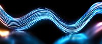 Glowing blue wave pattern made of dots creates dynamic motion effect against dark background, with light flares adding depth and dimension.