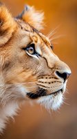 Majestic lioness profile with golden eyes and detailed facial features against warm blurred background for wildlife and nature projects.