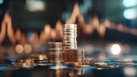 Stacked silver coins against blurred financial chart background with warm bokeh lights, representing investment growth and market analysis trends.
