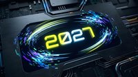 2027 glowing neon text with dynamic blue and yellow light trails on dark tech circuit board background, futuristic digital design for technology and innovation concepts.