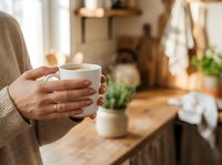 Woman holding warm beverage in cozy kitchen with potted plants and natural light, lifestyle and home comfort concept for wellness and relaxation themes.