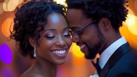 Young African American couple sharing intimate moment at evening celebration, with warm bokeh lights creating romantic atmosphere and soft glow.
