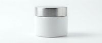 White cosmetic jar with metallic silver lid on neutral background, suitable for skincare, beauty product packaging mockups and branding designs.