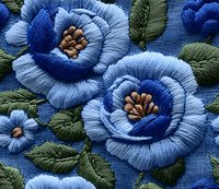 Detailed embroidered blue roses with textured petals and green leaves on denim background, featuring dimensional stitching and intricate floral needlework pattern.