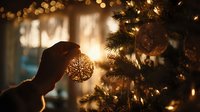 Person decorating Christmas tree with ornament in warm evening light, creating festive holiday atmosphere at home.