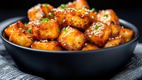 Glazed Asian-style chicken bites garnished with sesame seeds and green onions served in black ceramic bowl, close up view on dark background.