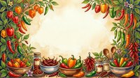 Colorful hot peppers and chili varieties arranged in bowls with fresh produce frame, isolated on cream background for culinary design projects.