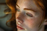 Close-up portrait of young woman with freckles, red hair, and green eyes looking down with soft expression, natural beauty captured in warm light.