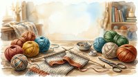 Colorful yarn balls and knitting needles arranged on a table with a partially completed knitted project, perfect for crafting, hobbies, and DIY content.