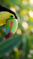 Close-up portrait of colorful toucan with rainbow beak and bright green eye against blurred tropical forest background with natural bokeh lighting.