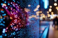 Glowing circuit board with red and blue LED lights creating futuristic technology pattern against blurred bokeh background, representing digital transformation.