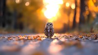Little owl standing on autumn fallen leaves at sunset with golden bokeh background, soft focus nature photography creates magical forest atmosphere.