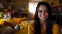 Young Asian woman in yellow sweater smiling warmly at camera, with soft natural lighting and blurred kitchen background creating cozy autumn atmosphere.