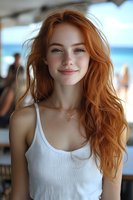 Young woman with natural red hair, freckles and gentle smile wearing white tank top at beach cafe. Soft natural lighting creates warm summer atmosphere.