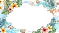 Tropical summer frame with palm leaves, plumeria flowers, seashells and starfish on white background. Isolated border for vacation designs.