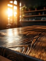 Rustic wooden table surface with natural grain texture in warm sunlight, blurred bar or restaurant interior background with soft bokeh and shelf storage.