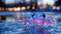 Glass crab figurine with bright blue crystal eyes reflecting sunset bokeh lights, placed in shallow water creating magical atmosphere and reflections.