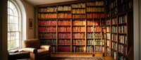 Cozy home library with floor-to-ceiling wooden bookshelves filled with colorful books, comfortable reading chair by arched window with natural light streaming in.