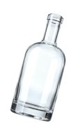Empty clear glass bottle with cork-style closure isolated on white background, suitable for beverage packaging, product mockups, and commercial alcohol or spirits branding.