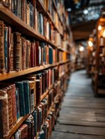 Vintage books lined on wooden shelves in atmospheric library with warm lighting and narrow aisles creating cozy academic reading environment.