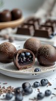 Dark chocolate truffles with blueberry filling on white plate, one cut open revealing fruit center, surrounded by fresh berries and chocolate pieces.