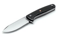 Sharp hunting knife with black handle and polished stainless steel blade isolated on white background. Professional grade outdoor equipment for camping and survival.