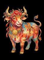 Festive Chinese zodiac ox with floral crown, gold ornaments, and lucky symbols, isolated on transparent background. Great for stickers, t-shirt design, and print on demand.