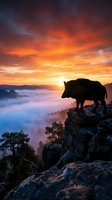 Wild boar silhouette standing on rocky cliff edge at dramatic sunrise with orange sky and misty valley below for nature and wildlife concepts.
