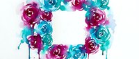 Watercolor floral wreath with dripping paint effect in vibrant pink and turquoise colors on white background for wedding invitations and greeting cards.
