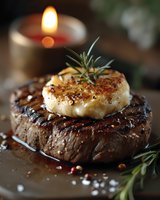 Grilled beef tenderloin steak topped with melted herb butter, rosemary garnish and peppercorns in romantic candlelit setting, close up view of gourmet dinner preparation.