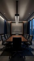 Modern corporate boardroom with wooden conference table and leather chairs in luxury office interior with city skyline view and contemporary lighting.