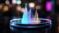 Glowing multicolored sound waves rise from circular device against dark background with bokeh lights, creating futuristic audio visualization display for music or technology concept.