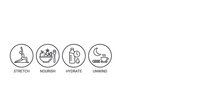 Wellness routine icons set featuring stretch, nourish, hydrate and unwind activities for healthy lifestyle and self-care practices on white background.